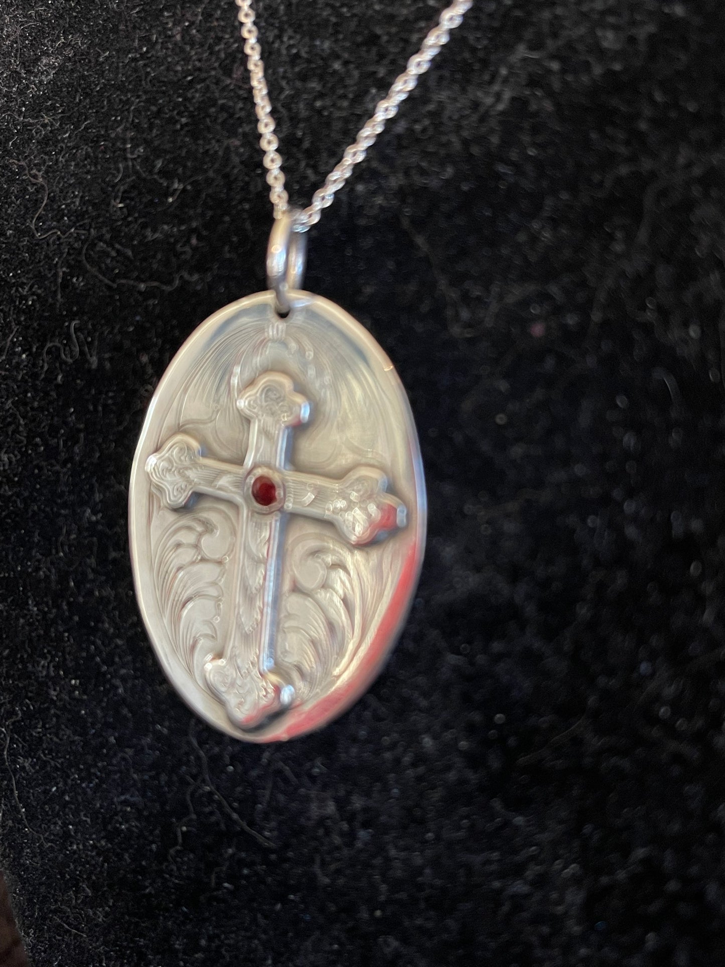 Handmade, hand engraved, Sterling silver pendant with Garnet stone.  Price may vary by stone.   CUSTOM ORDER 