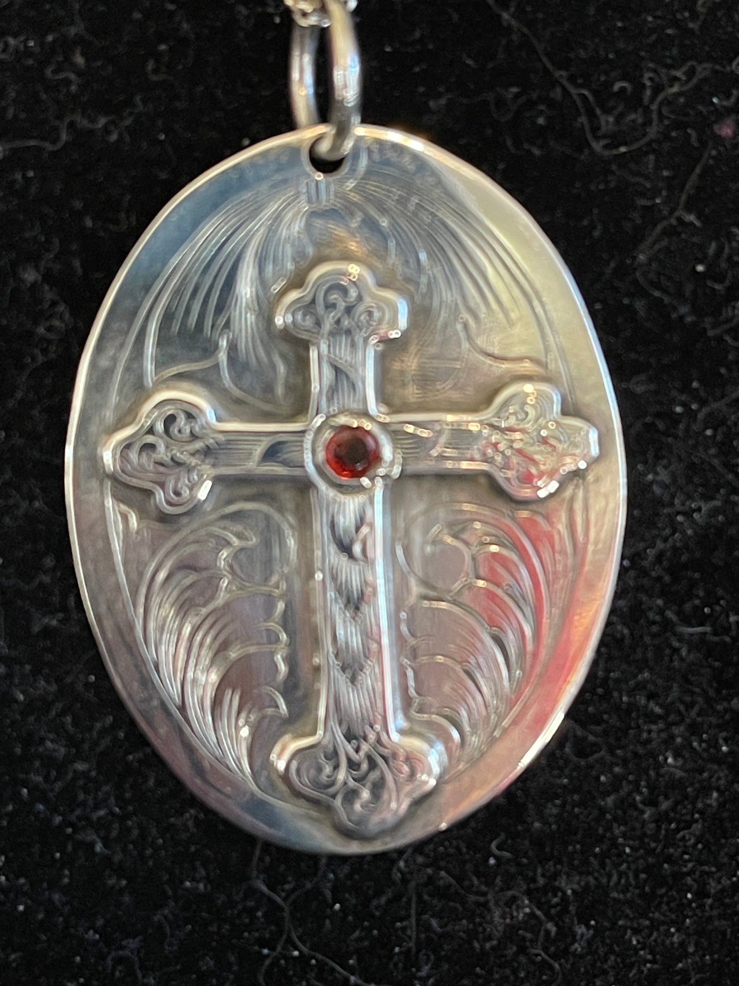 Handmade, hand engraved, Sterling silver pendant with Garnet stone.  Price may vary by stone.   CUSTOM ORDER 